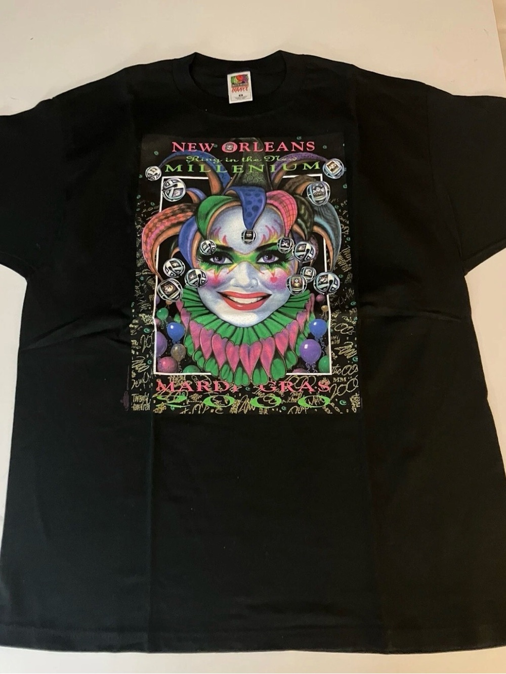 Vintage 2000 Mardi Gras T-SHIRT XL Y2K black 100% cotton